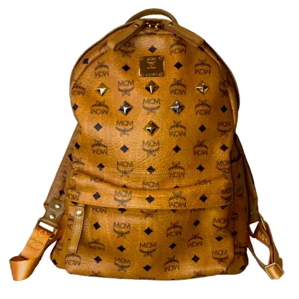 MCM Cognac Visetos Metallic Embellished Full Size Unisex Backpack Book Bag